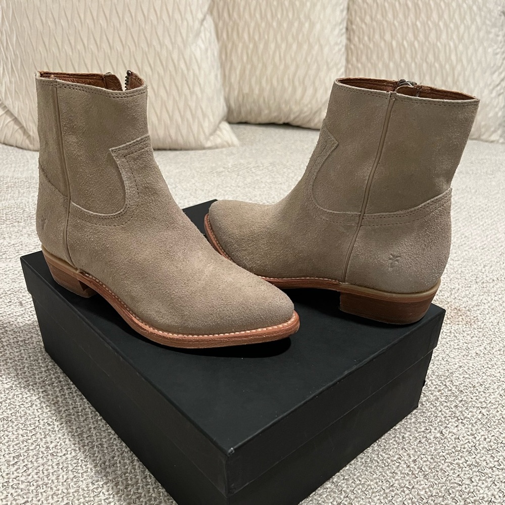 FRYE SUEDE ZIP ANKLE BOOTS